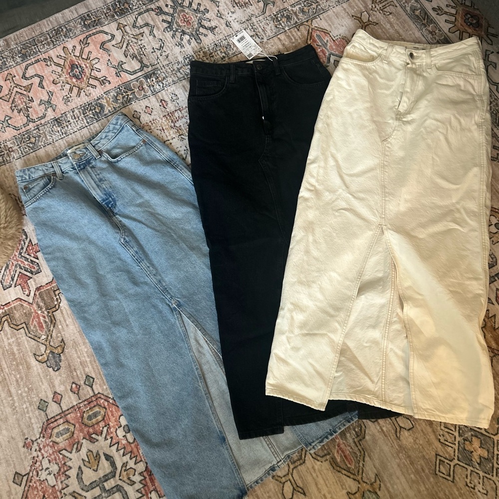 Set of Mango Midi Skirts in Black, Light Blue, and Cream